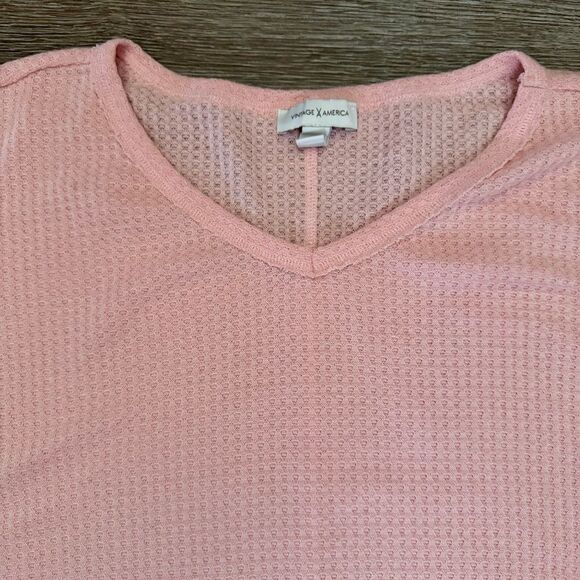Vintage America Pink V-Neck Waffle Knit Long Sleeve Shirt Size Large - Picture 2 of 5